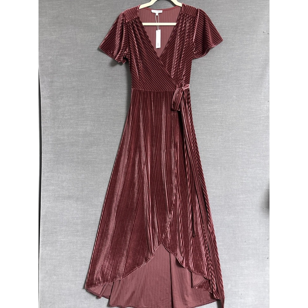 NEW Baltic Born Dress XS Burgundy Velvet Wrap Hi Low Flutter Party Cocktail
